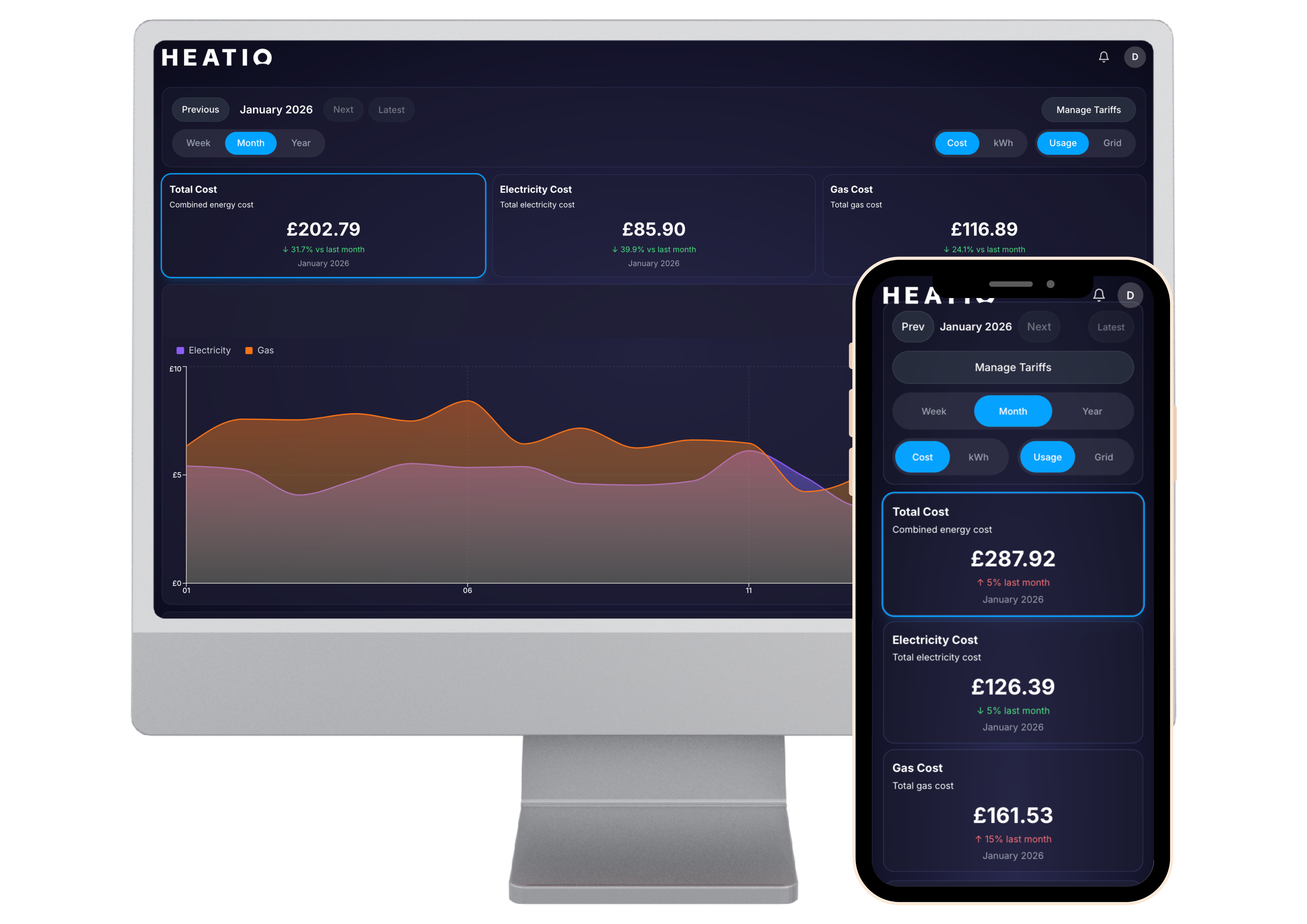 a monitor and a smartphone showing the Heatio platform on the screen
