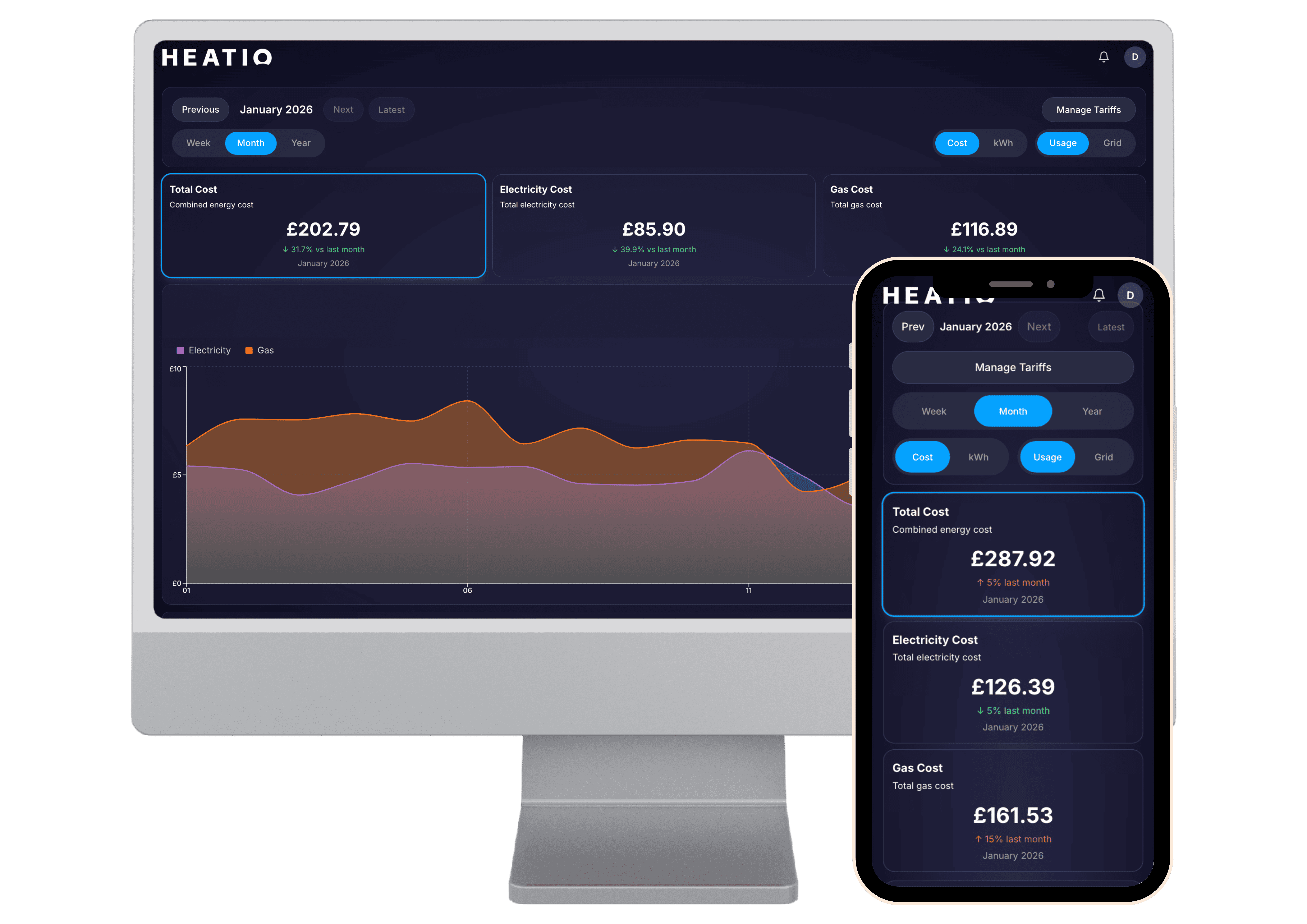 a monitor and a smartphone showing the Heatio platform on the screen